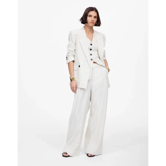 Madewell Superwide-Leg Trouser in Pinstripe Linen Blend Womens 4 Ivory Black - Picture 10 of 16